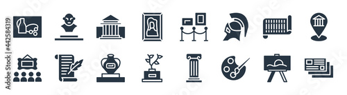 museum filled icons. glyph vector icons such as postcards, palette, botanical, exhibition, paper scroll, buffalo, exhibit, sculpture sign isolated on white background.