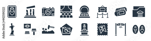 museum filled icons. glyph vector icons such as restroom, butterfly, no photo, venus de milo, museum ticket, photographic, souvenir, relics sign isolated on white background.