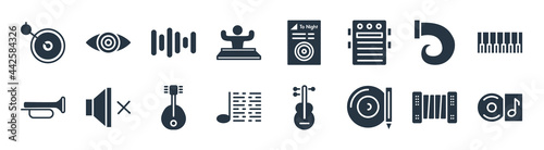 music filled icons. glyph vector icons such as long play record cover, cd writer, musical note, musician with saxophone, nautilus, audio bars, gramophone record, eyes sign isolated on white