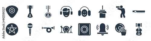 music filled icons. glyph vector icons such as vynil, alarming bell, drums, pentagram, pied piper of hamelin, yueqin, phantom, russian sign isolated on white background.