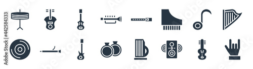 music filled icons. glyph vector icons such as heavy metal, sound system, castanets, disc, melody, double bass, pennywhistle, viola sign isolated on white background.