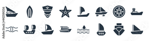 nautical filled icons. glyph vector icons such as skiff, capsizing, motorboat, rope tied, azimuth compass, ship admiral, windsail, port and starboard sign isolated on white background.