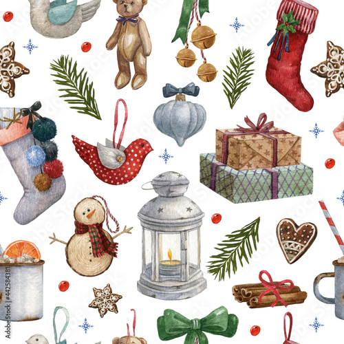 Watercolor Illustrations of Christmas hand made toys, nutcracker, present boxes, wooden snowman, Christmas ball, gingerbread, cinnamon. Pattern with Vintage Christmas ornaments, toy and decoration. © Fefelova Yana