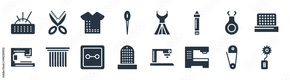 sew filled icons. glyph vector icons such as overstitch, sewing machine, sewing thimble, new sewing machine, threading, sew pattern, styling, pinking shears sign isolated on white background. sew filled icons. glyph vector icons such as overstitch, sewing machine, sewing thimble, new sewing machine, threading, sew pattern, styling, pinking shears sign isolated on white background.