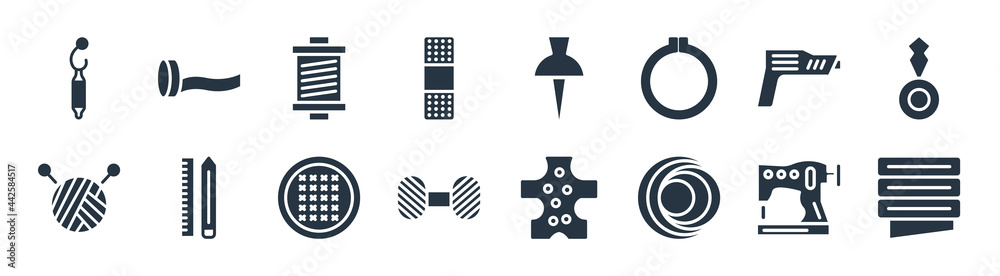 sew filled icons. glyph vector icons such as fabrics, crochet, wool, knitting neddles, hot glue, spool, pins, sewing equipment sign isolated on white background. sew filled icons. glyph vector icons such as fabrics, crochet, wool, knitting neddles, hot glue, spool, pins, sewing equipment sign isolated on white background.