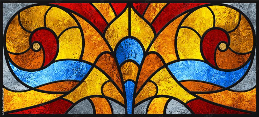 Sketch of a colored stained glass window. Art Nouveau. Abstract stained-glass background. Bright colors, colorful. Modern. Architectural decor. Design luxury interior. Light. Red yellow, blue.
