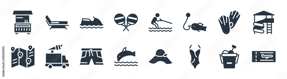 summer filled icons. glyph vector icons such as plane ticket, swimsuit, jumping dolphin, travel guide, diving fins, sea scooter, waterski, beach chair sign isolated on white background. summer filled icons. glyph vector icons such as plane ticket, swimsuit, jumping dolphin, travel guide, diving fins, sea scooter, waterski, beach chair sign isolated on white background.