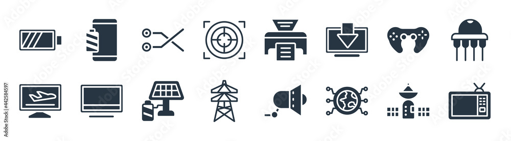 technology filled icons. glyph vector icons such as old television, globe connected circuit, electric, touristic, video game controller, printed circuit connections, office printer, baterry sign technology filled icons. glyph vector icons such as old television, globe connected circuit, electric, touristic, video game controller, printed circuit connections, office printer, baterry sign