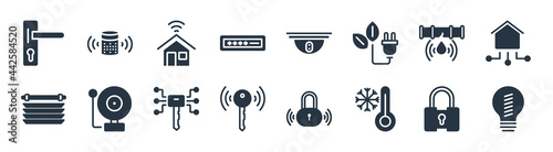 smart house filled icons. glyph vector icons such as lightbulb, freeze, smart lock, jalousie automation, leak, alarm system, security camera, home devices sign isolated on white background.