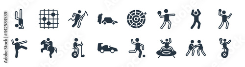 sport filled icons. glyph vector icons such as unicycling handball, trampolining, formula racing, kickboxing, aerobics, trail running, dart board, go game sign isolated on white background.