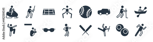 sport filled icons. glyph vector icons such as marathon, baton twirling, racewalking, kung fu, rinkball, tennis court, softball, kendo sign isolated on white background.