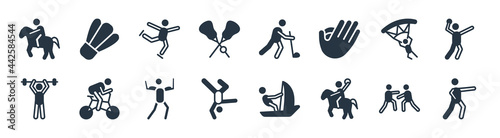 sport filled icons. glyph vector icons such as aikido, horseball, artistic gymnastics, powerlifting, paragliding, figure skating, hurling, shuttlecock sign isolated on white background.
