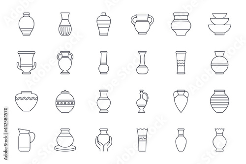 Vector icons amphora, vase, pottery. Editable stroke. Ancient and modern tableware, ceramic bottle, museum piece, Greek art. Line set