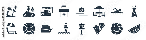 summer filled icons. glyph vector icons such as slice of melon, fins, lifeguard, sunbed, swimming person, postcard, sunset at sea, lake sign isolated on white background.