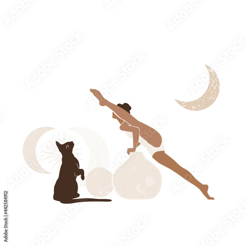  Beautiful woman practicing yoga with cat. Yoga spiritual illustration. Woman, sun, moon and cat