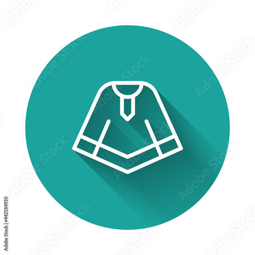 White line Traditional mexican poncho clothing icon isolated with long shadow background. Green circle button. Vector