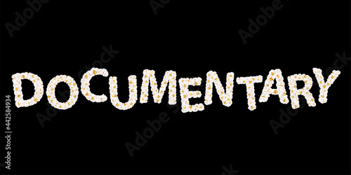 Documentary lettering consisting of air popcorn. Movie genres. Vector illustration