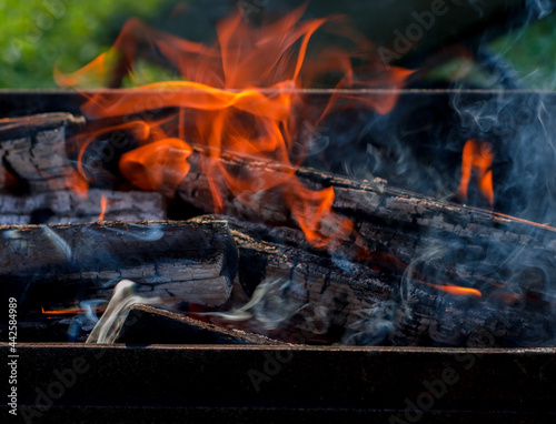 Open fire, smoke, flame of burning firewood in the grill. Hot coals for kebab in nature
