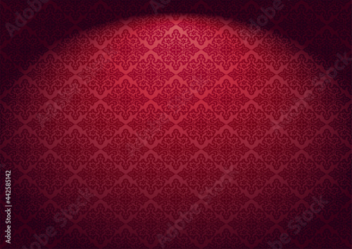 Oriental vintage background with Indo-Persian ornaments. Royal, luxurious red wallpaper with stage lighting. Vector illustration