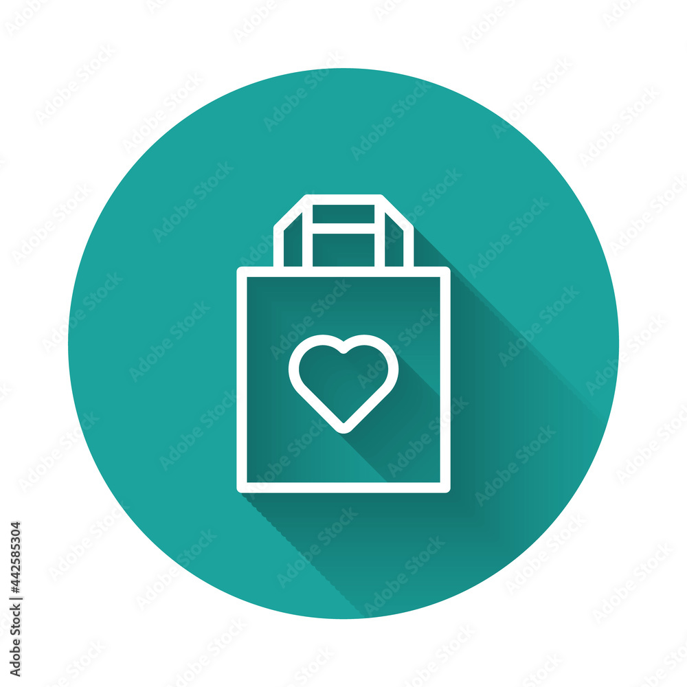 White line Shopping bag with heart icon isolated with long shadow background. Shopping bag shop love like heart icon. Valentines day symbol. Green circle button. Vector White line Shopping bag with heart icon isolated with long shadow background. Shopping bag shop love like heart icon. Valentines day symbol. Green circle button. Vector