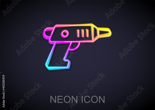 Glowing neon line Electric cordless screwdriver icon isolated on black background. Electric drill machine. Repair tool. Vector