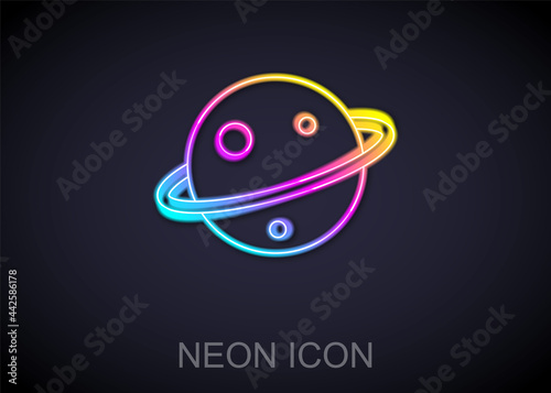 Glowing neon line Planet Saturn with planetary ring system icon isolated on black background. Vector