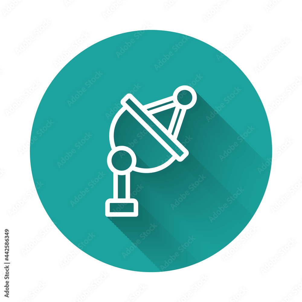White line Satellite dish icon isolated with long shadow background. Radio antenna, astronomy and space research. Green circle button. Vector