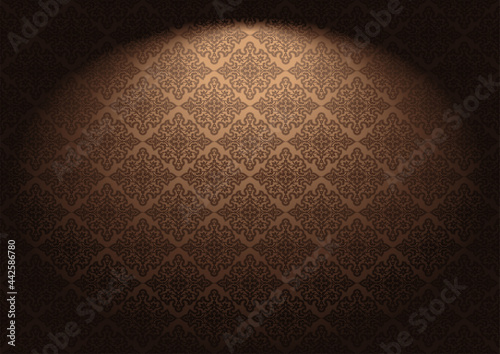Oriental vintage background with Indo-Persian ornaments. Royal, luxurious wallpaper in gold, bronze, caramel, chocolate color with stage lighting. Vector illustration