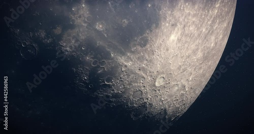 Moon and Tycho crater highlighted with ray system real color 4K. High resolution and super detailed lunar. Cinematic space scene. Stars at the background. Elements of this image furnished by NASA.