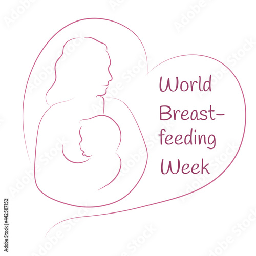 World Breastfeeding Week. Breastfeeding woman symbol. Mother breastfeeding her baby. Lactation. Line art. 