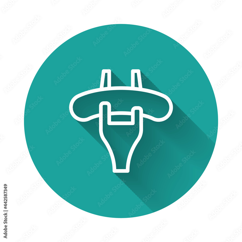 Fototapeta premium White line Sausage on the fork icon isolated with long shadow background. Grilled sausage and aroma sign. Green circle button. Vector