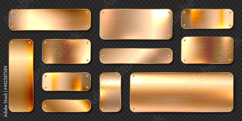 Realistic shiny metal banners set. Brushed steel plate with screws. Polished copper metal surface. Vector illustration.