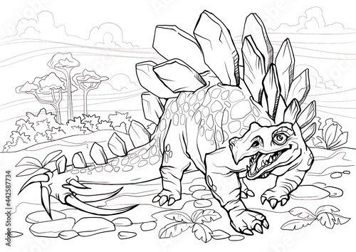 Stegosaurus. Dinosaur coloring page for children and adults, hand drawn illustration. A4 size. Design for wallpapers, packaging, postcards and posters. Black and white. Wild nature.