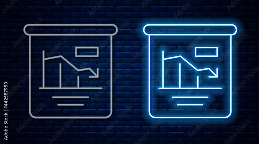 Glowing neon line Pie chart infographic icon isolated on brick wall background. Diagram chart sign. World finance crisis. Vector Glowing neon line Pie chart infographic icon isolated on brick wall background. Diagram chart sign. World finance crisis. Vector