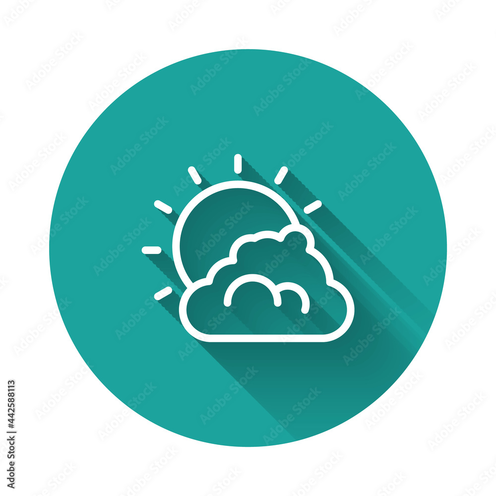 White line Sun and cloud weather icon isolated with long shadow background. Green circle button. Vector White line Sun and cloud weather icon isolated with long shadow background. Green circle button. Vector