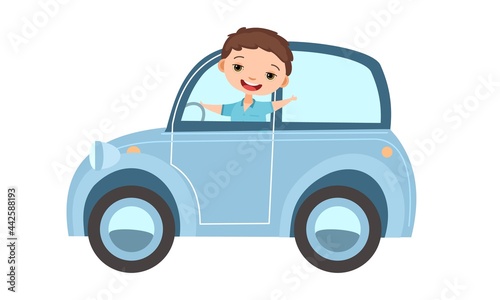 Childrens car. Kid rides on blue retro automobile. Toy vehicle. With a motor. Cute passenger auto. Isolated on white background. Vector
