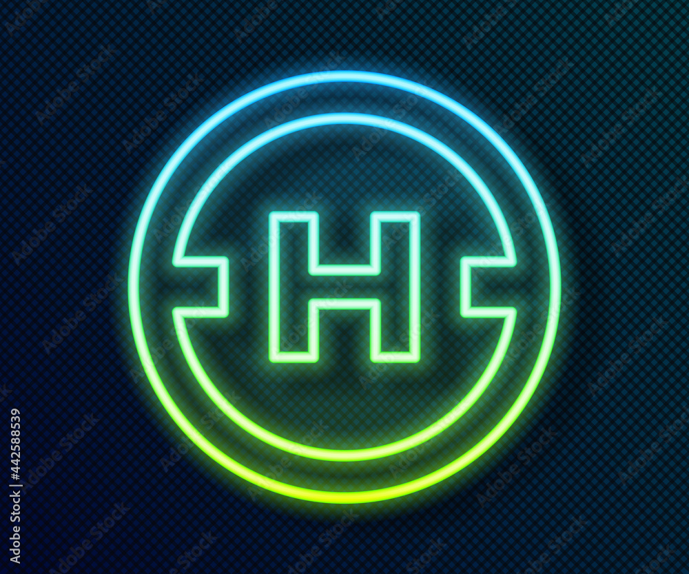 Glowing neon line Helicopter landing pad icon isolated on black background. Helipad, area, platform, H letter. Vector