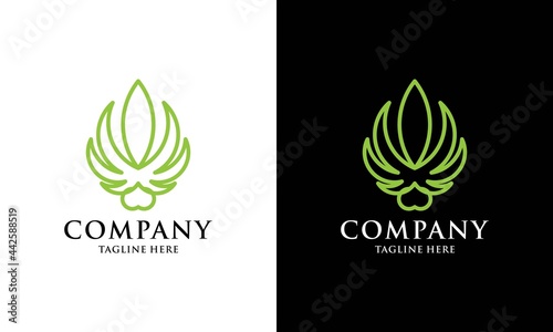 Cannabis leaf line art logo icon. Marijuana herbal business template sign. Premium natural hemp plant company brand symbol. Vector illustration.
