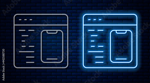 Glowing neon line Software, web developer programming code icon isolated on brick wall background. Javascript computer script random parts of program code. Vector