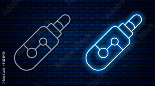Glowing neon line Electronic cigarette icon isolated on brick wall background. Vape smoking tool. Vaporizer Device. Vector