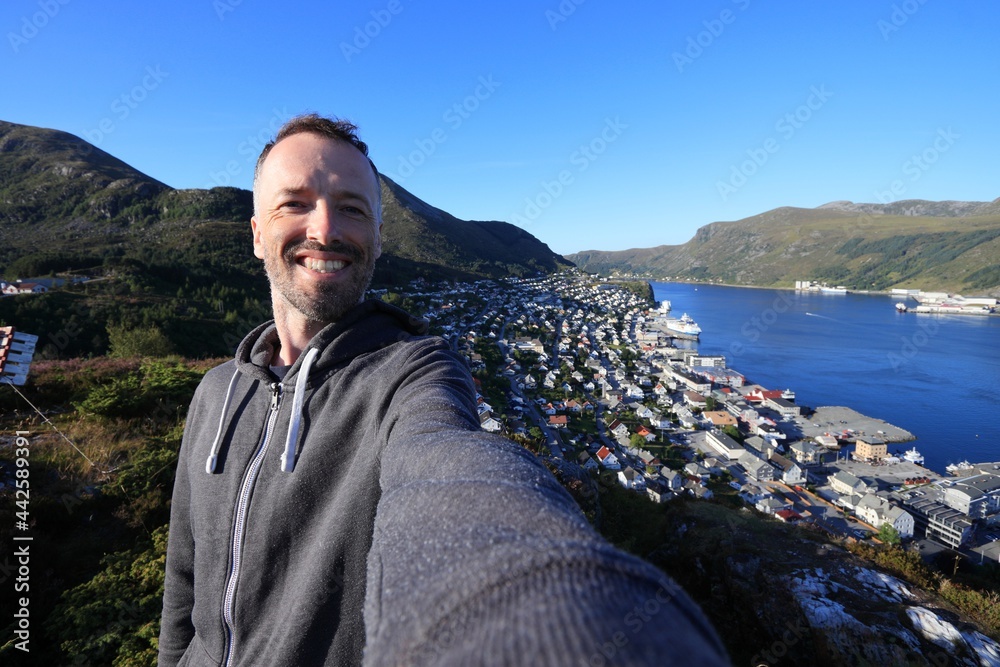 Tourist selfie in Maloy, Norway Tourist selfie in Maloy, Norway