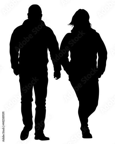 Young man and woman walking at street. Isolated silhouette on a white background