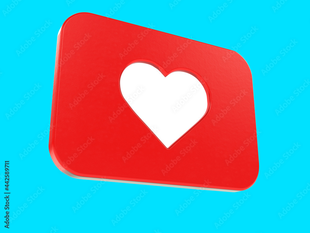 Red like icon with white heart on solid background isolated, 3d rendering Red like icon with white heart on solid background isolated, 3d rendering