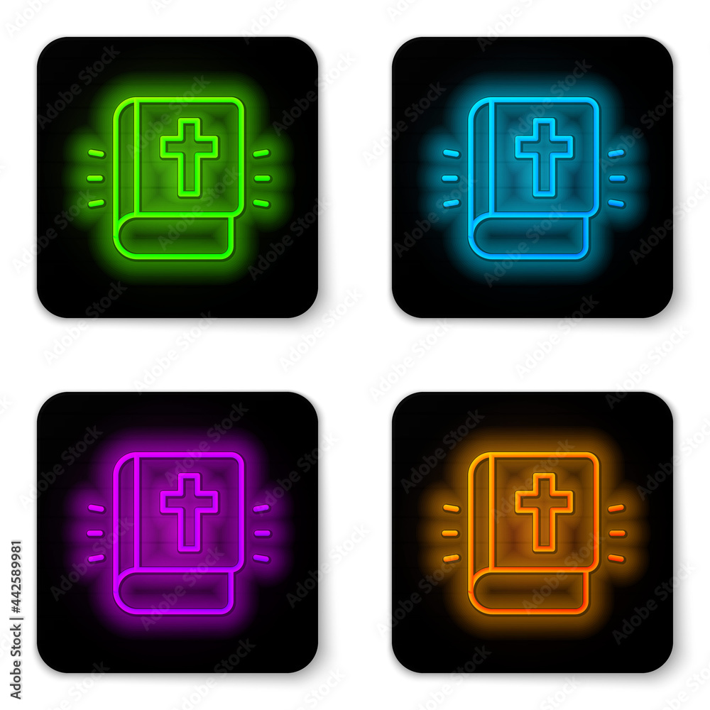Glowing neon line Holy bible book icon isolated on white background. Black square button. Vector