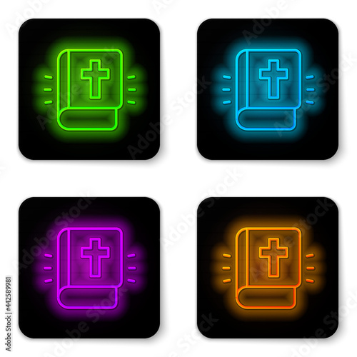 Glowing neon line Holy bible book icon isolated on white background. Black square button. Vector