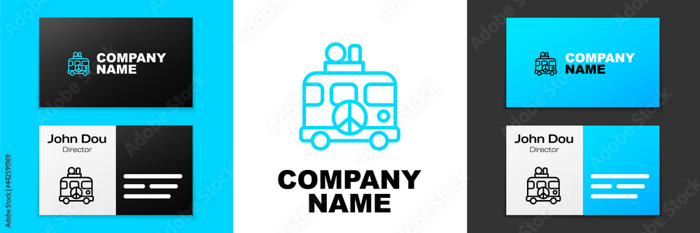 Blue line Hippie camper van icon isolated on white background. Travel by vintage bus. Tourism, summer holiday. Logo design template element. Vector Blue line Hippie camper van icon isolated on white background. Travel by vintage bus. Tourism, summer holiday. Logo design template element. Vector