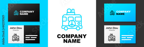 Blue line Hippie camper van icon isolated on white background. Travel by vintage bus. Tourism, summer holiday. Logo design template element. Vector