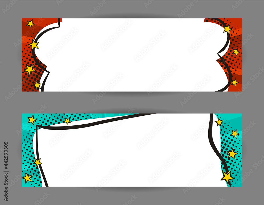 Set of Comic banners. Cartoon text frame on a bright background. Pop art Template for web design, banners, cards, coupons and posters. Vector illustration for for announcements, parties or sales.