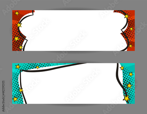 Set of Comic banners. Cartoon text frame on a bright background. Pop art Template for web design, banners, cards, coupons and posters. Vector illustration for for announcements, parties or sales.