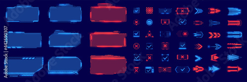 A large futuristic set of frames, arrows, footnotes, buttons in blue and red on an isolated background. The elements are well suited for games and applications. Sci-fi futuristic hud technology screen